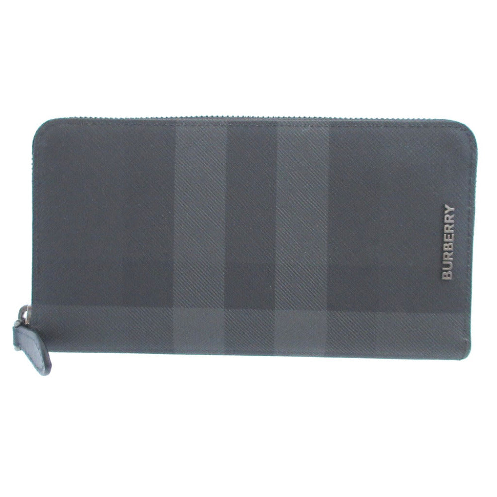 新品同様 バーバリー チェック PVC ブラック 黒 グレー ラウンドファスナー長財布 財布 1268【中古】BURBERRY