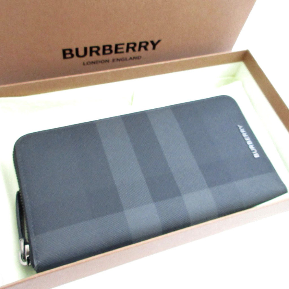 新品同様 バーバリー チェック PVC ブラック 黒 グレー ラウンドファスナー長財布 財布 1268【中古】BURBERRY