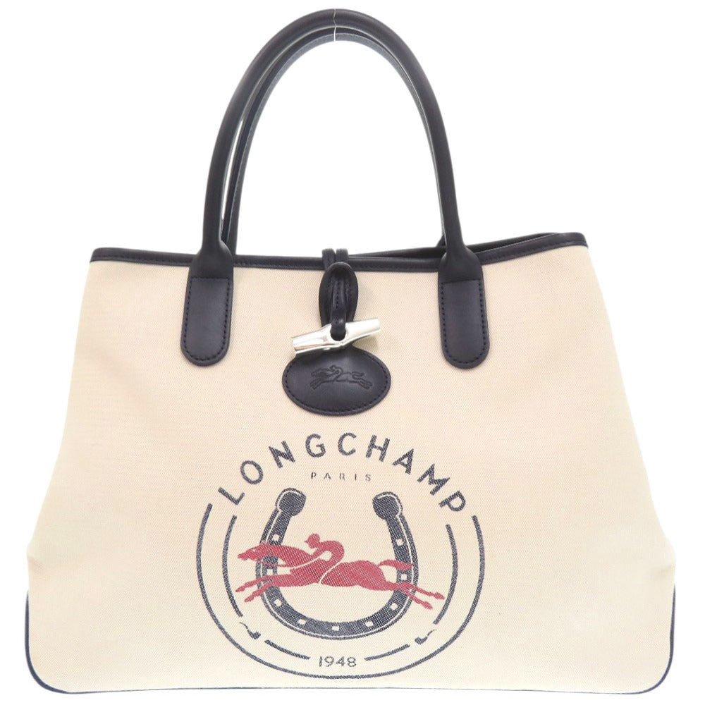 美品 ロンシャン ロゾ 1681643733 キャンバス レザー アイボリー トートバッグ 1279【中古】Longchamp