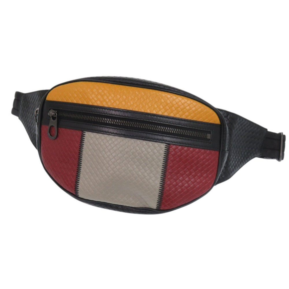 美品 ボッテガヴェネタ マイクロ イントレチャート ボディバッグ レザー ブラック イエロー ウエストバッグ 黒 1313【中古】BOTTEGAVENETA