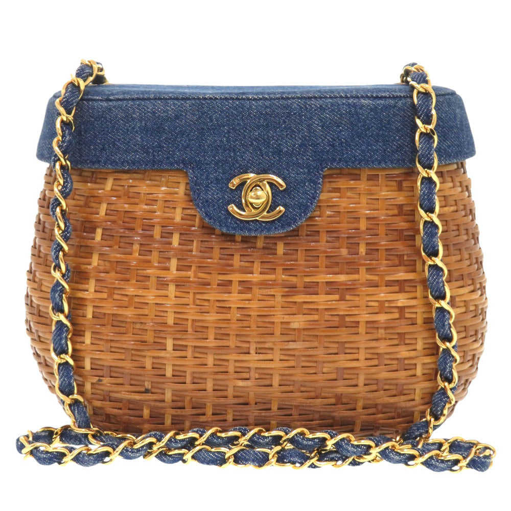 美品 シャネル カゴバッグ デニム ストロー ネイビー 5番台 ココマーク ターンロック ショルダーバッグ 1372 【中古】 CHANEL