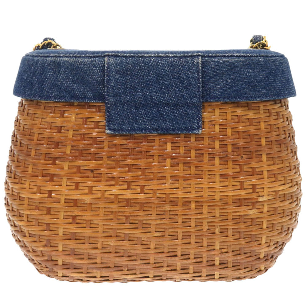 美品 シャネル カゴバッグ デニム ストロー ネイビー 5番台 ココマーク ターンロック ショルダーバッグ 1372 【中古】 CHANEL