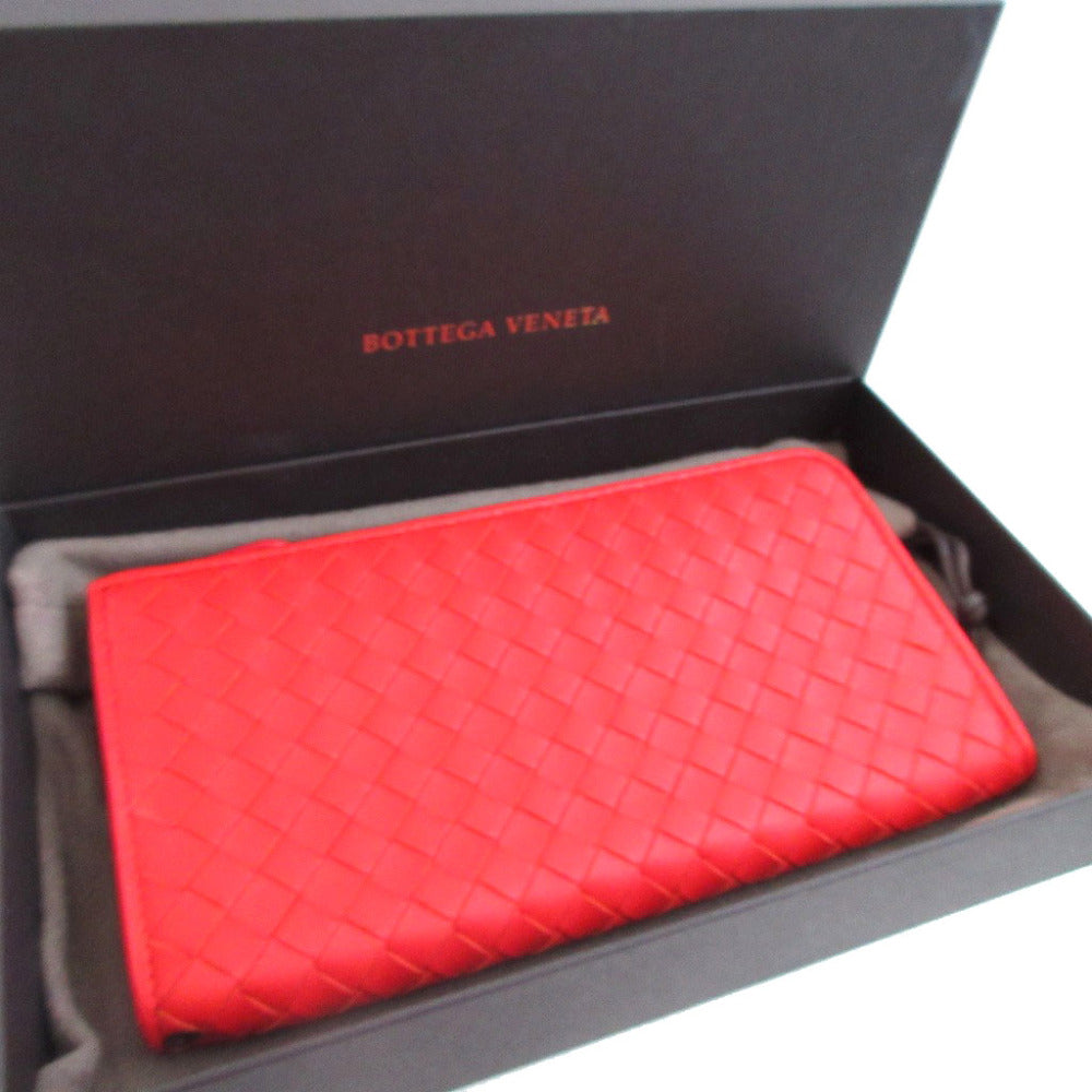 未使用 ボッテガヴェネタ イントレチャート レザー レッド 赤 L字ファスナー 長財布 財布 1395【中古】BOTTEGA VENETA