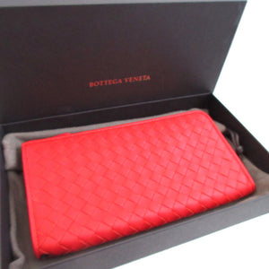 未使用 ボッテガヴェネタ イントレチャート レザー レッド 赤 L字ファスナー 長財布 財布 1395【中古】BOTTEGA VENETA