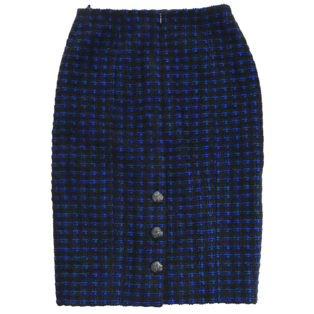 美品 シャネル ココマークボタン ツイード スカート チェック柄 ひざ丈 P52579 ポリエステル ウール ブラック 1427【中古】CHANEL