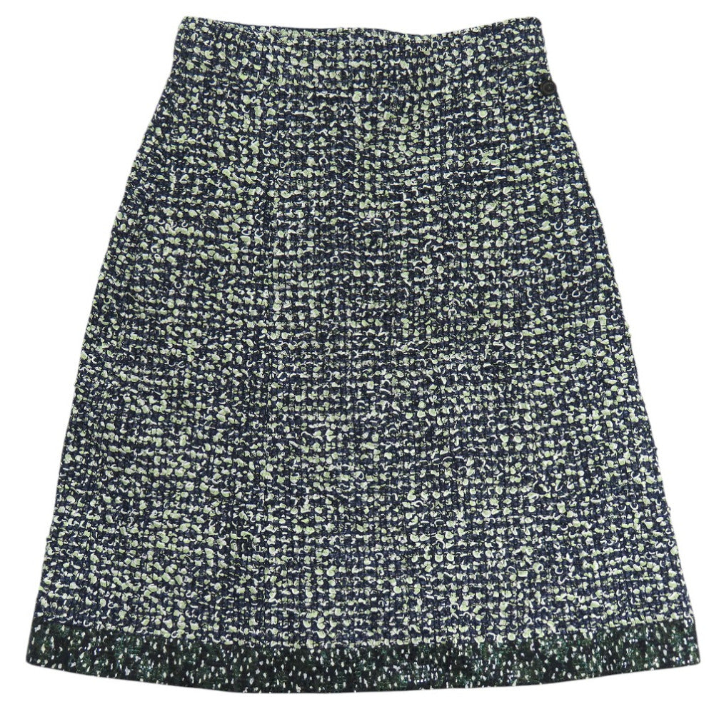 美品 シャネル ツイード スカート ひざ丈 ココマーク スパンコール コットン ポリアミド グリーン 1428【中古】CHANEL