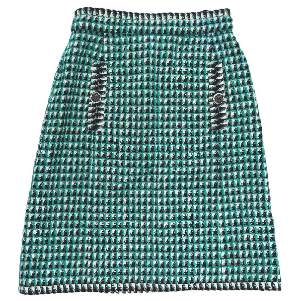 美品 シャネル ツイード スカート ココマーク  ひざ丈 装飾 コットン ポリアミド グリーン 1429【中古】CHANEL