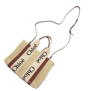 新品同様 クロエ WOODY ウッディ スモール トートバッグ ボア レザー ベージュ ブラウン 2wayハンドバッグ 1460【中古】Chloe