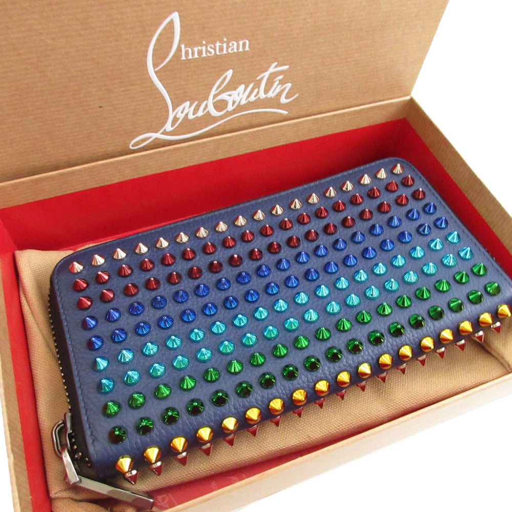 美品 クリスチャンルブタン マルチスタッズ レザー ブルー 青 ラウンドファスナー長財布 財布 1584【中古】Christian Louboutin