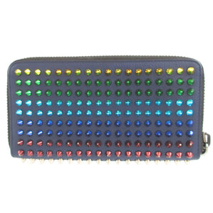 美品 クリスチャンルブタン マルチスタッズ レザー ブルー 青 ラウンドファスナー長財布 財布 1584【中古】Christian Louboutin