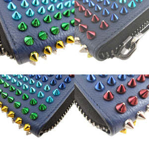 美品 クリスチャンルブタン マルチスタッズ レザー ブルー 青 ラウンドファスナー長財布 財布 1584【中古】Christian Louboutin