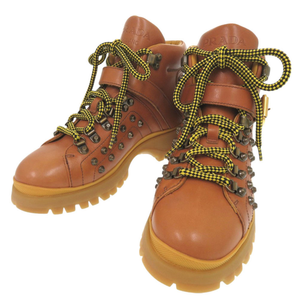 未使用 プラダ スタッズ サイズ37 レザー ブラウン ショートブーツ ブーツ 1681【中古】PRADA