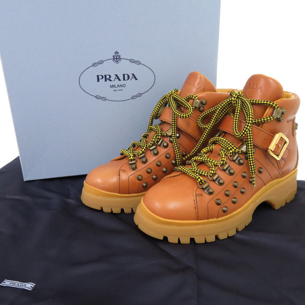 未使用 プラダ スタッズ サイズ37 レザー ブラウン ショートブーツ ブーツ 1681【中古】PRADA