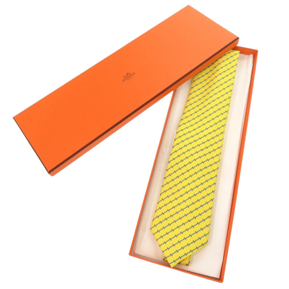 未使用品 エルメス H柄 シルク イエロー ブルー ネクタイ 1870【中古】HERMES メンズ