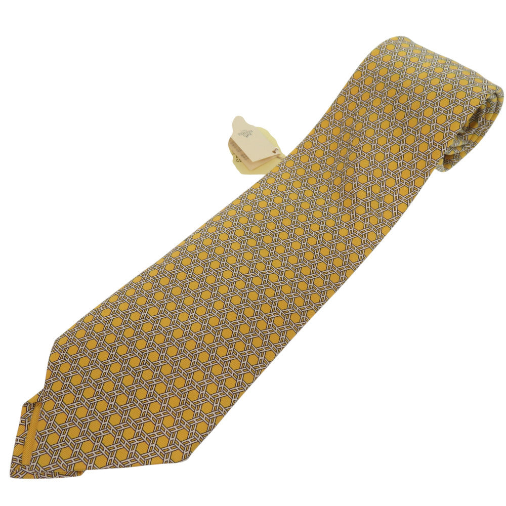 未使用品 エルメス Hロゴ 総柄 シェーヌダンクル ネクタイ シルク JAUNE 1883【中古】HERMES