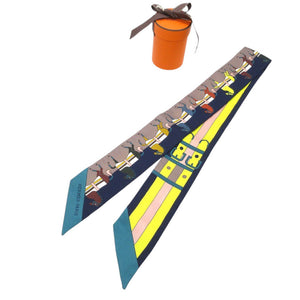 新品同様 エルメス ツイリー ロカバール 馬 ベルト スカーフ シルク ネイビー/グレージュ/イエロー 0285【中古】HERMES