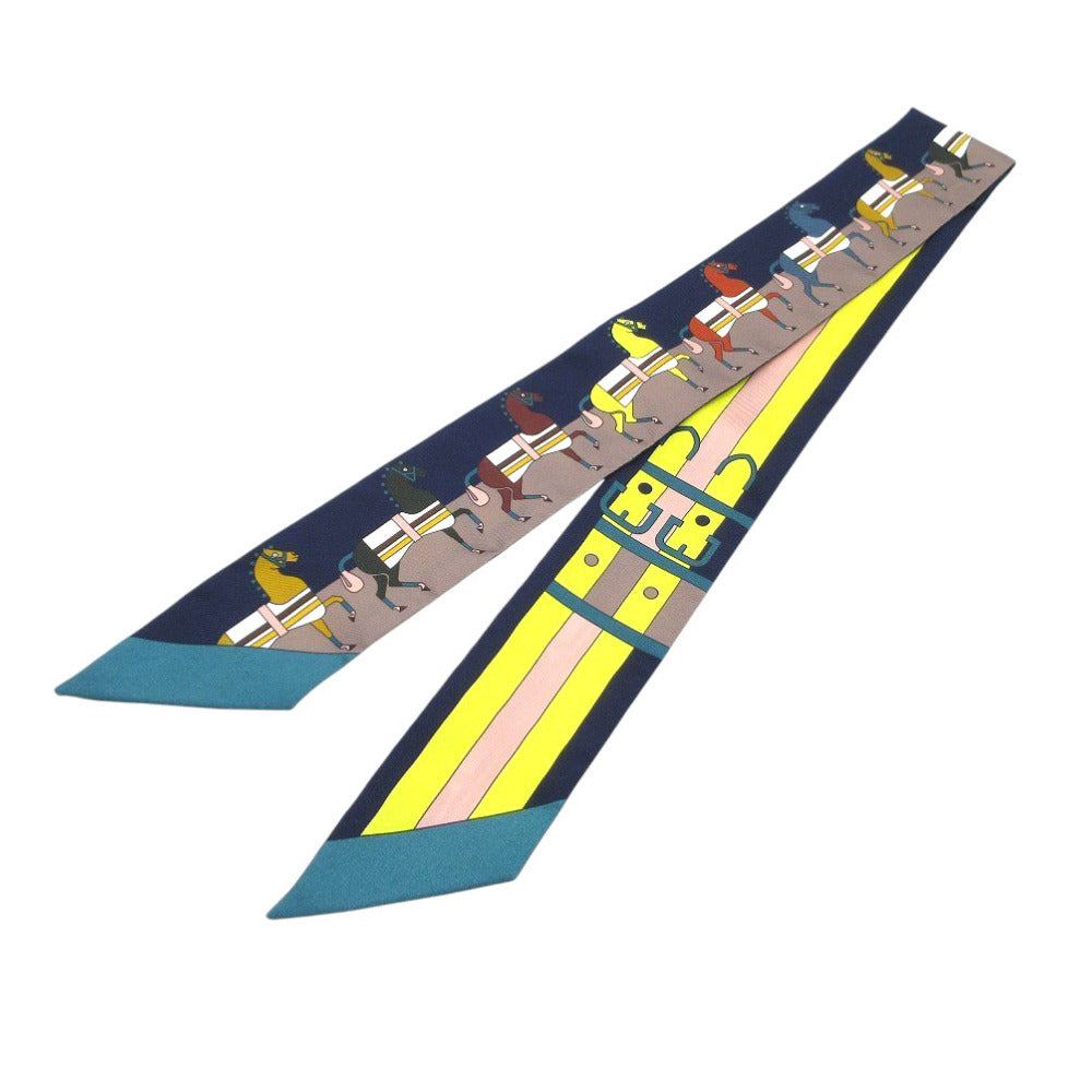 新品同様 エルメス ツイリー ロカバール 馬 ベルト スカーフ シルク ネイビー/グレージュ/イエロー 0285【中古】HERMES