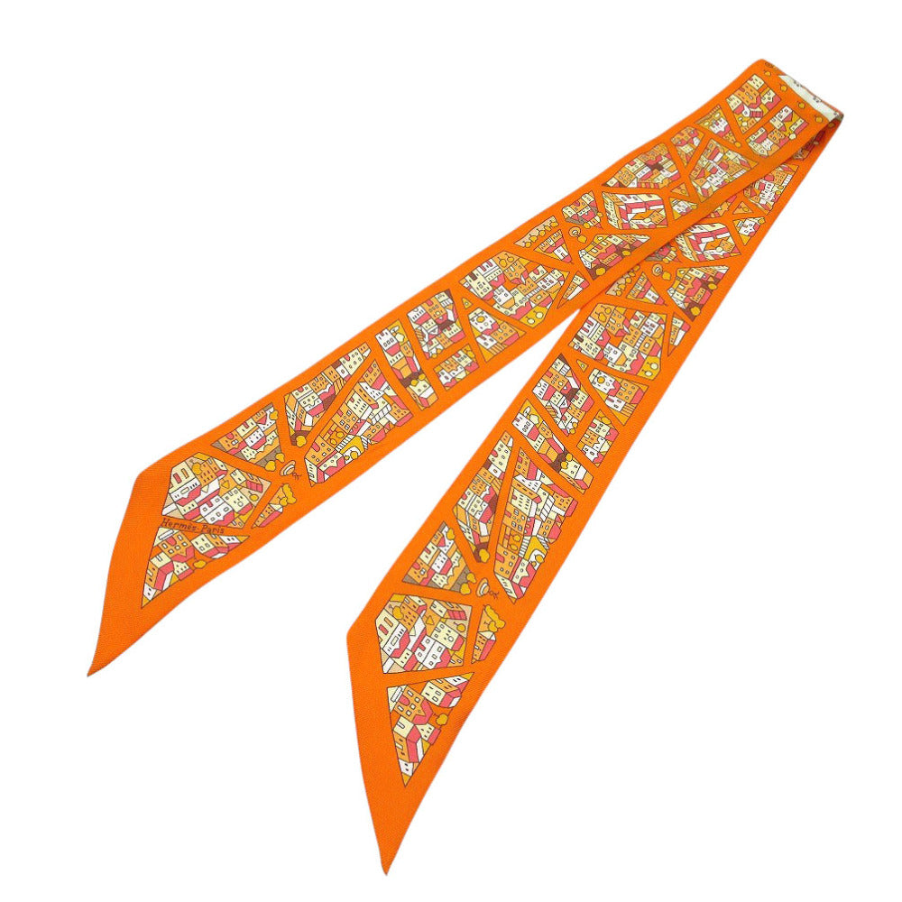 美品 エルメス ツイリー 右岸と左岸 スカーフ シルク オレンジ/マルチカラー 0326【中古】HERMES