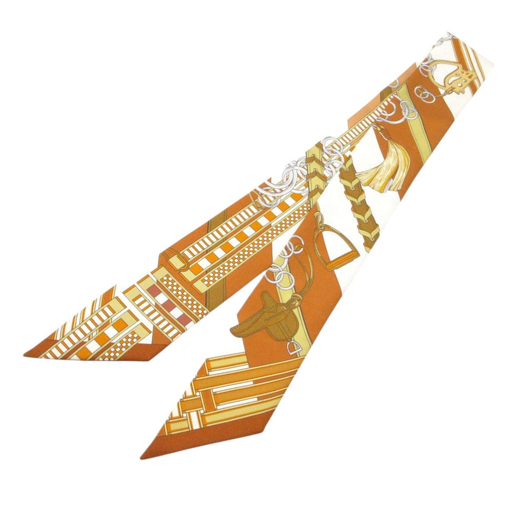 美品 エルメス ツイリー 馬勒とチャーム スカーフ シルク キャラメル/ブラン/ブロンズ 0327【中古】HERMES