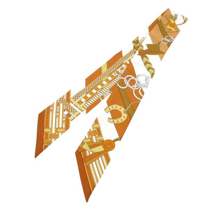 美品 エルメス ツイリー 馬勒とチャーム スカーフ シルク キャラメル/ブラン/ブロンズ 0327【中古】HERMES