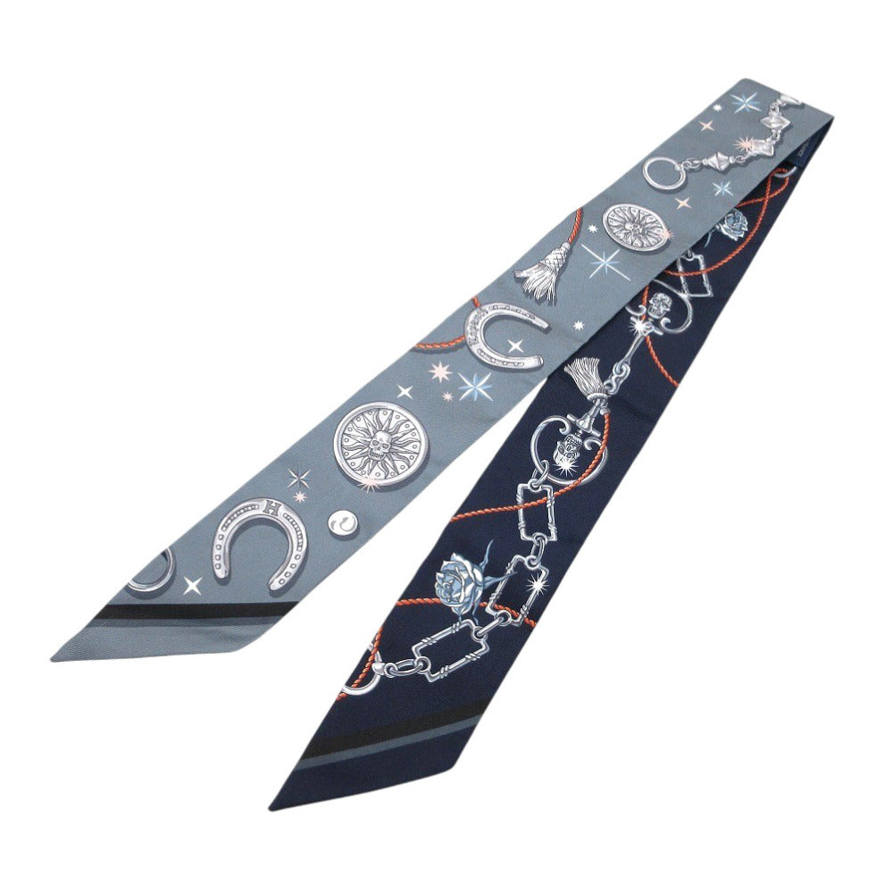 新品同様 エルメス ツイリー セラフェット スカーフ シルク グレー/ネイビー 0332【中古】HERMES