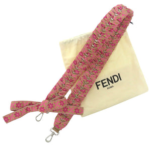 新品同様 フェンディ ストラップユー チロリアンテープ リボン 花柄 8AV077 コットン レザー ピンク ショルダーストラップ 0493【中古】FENDI