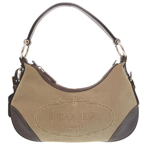 美品 プラダ ロゴ ジャガード キャンバス BR3429 シルバー金具 セミショルダー ワンショルダー ショルダーバッグ レザー ブラウン 0505【中古】PRADA