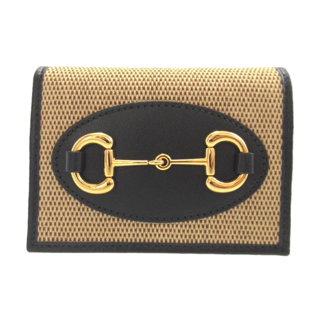 未使用 グッチ ホースビット キャンバス レザー ベージュ ブラック 黒 2つ折り財布 財布 0599【中古】GUCCI