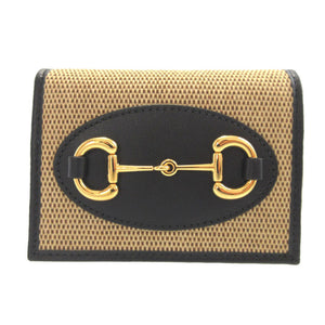未使用 グッチ ホースビット キャンバス レザー ベージュ ブラック 黒 2つ折り財布 財布 0599【中古】GUCCI