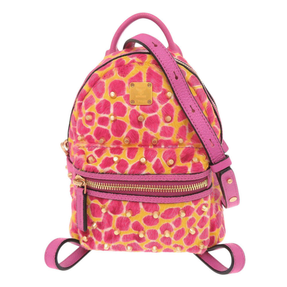 美品 エム シー エム アニマル柄 ハラコ レザー ピンク イエロー リュック デイパック 0647【中古】MCM