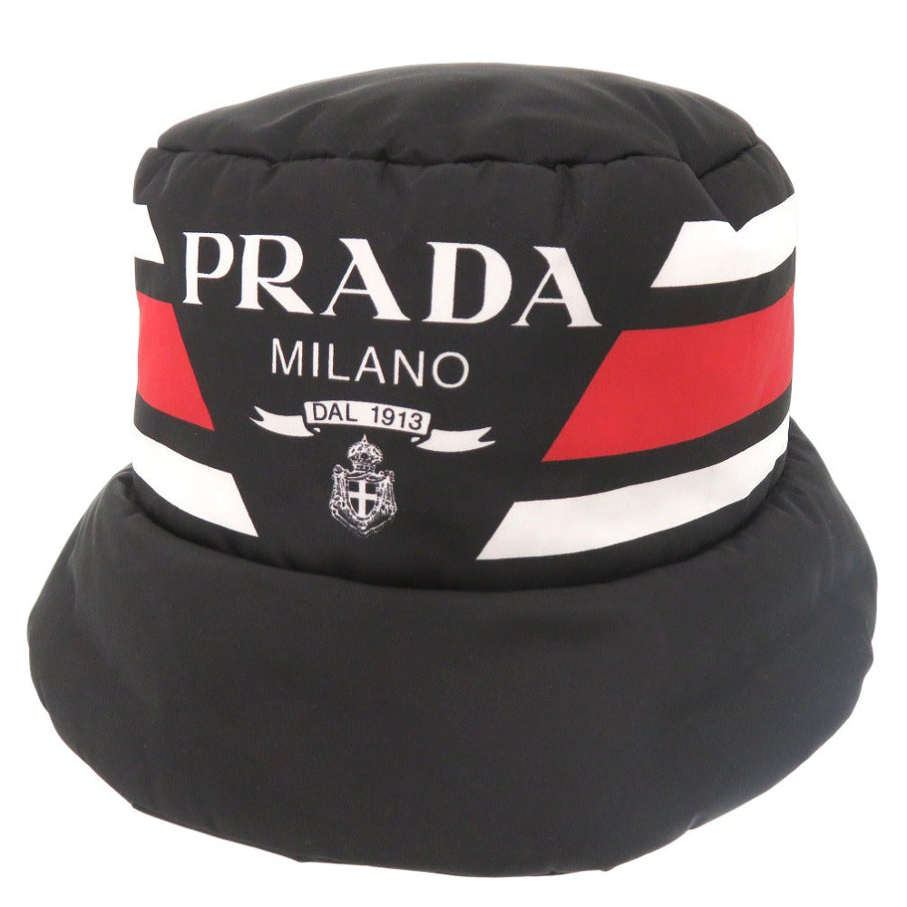 新品 プラダ Re Nylon ロゴプリント ボリューム バケットハット 帽子 ポリエステル ポリアミド ブラック 0673【中古】PRADA