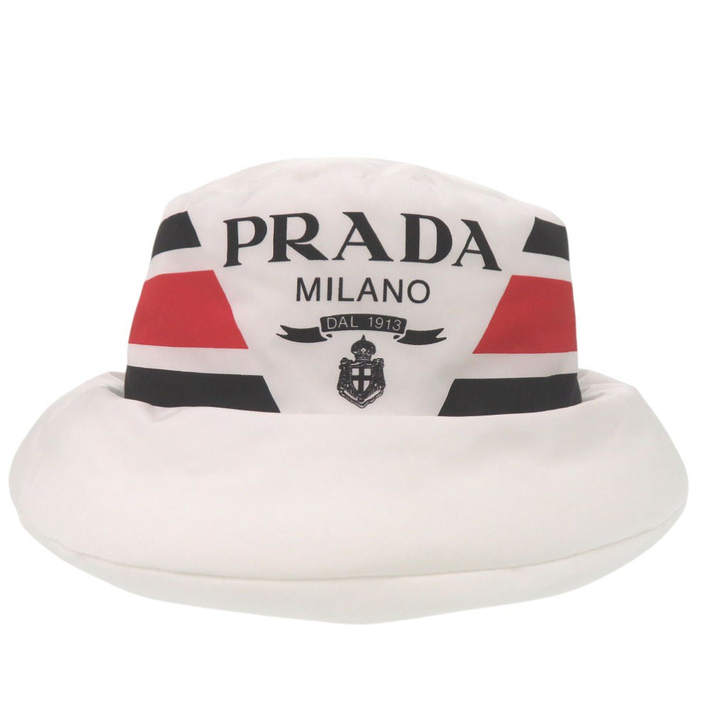 新品 プラダ Re Nylon ロゴプリント ボリューム バケットハット 帽子 ポリエステル ポリアミド ホワイト 0674【中古】PRADA