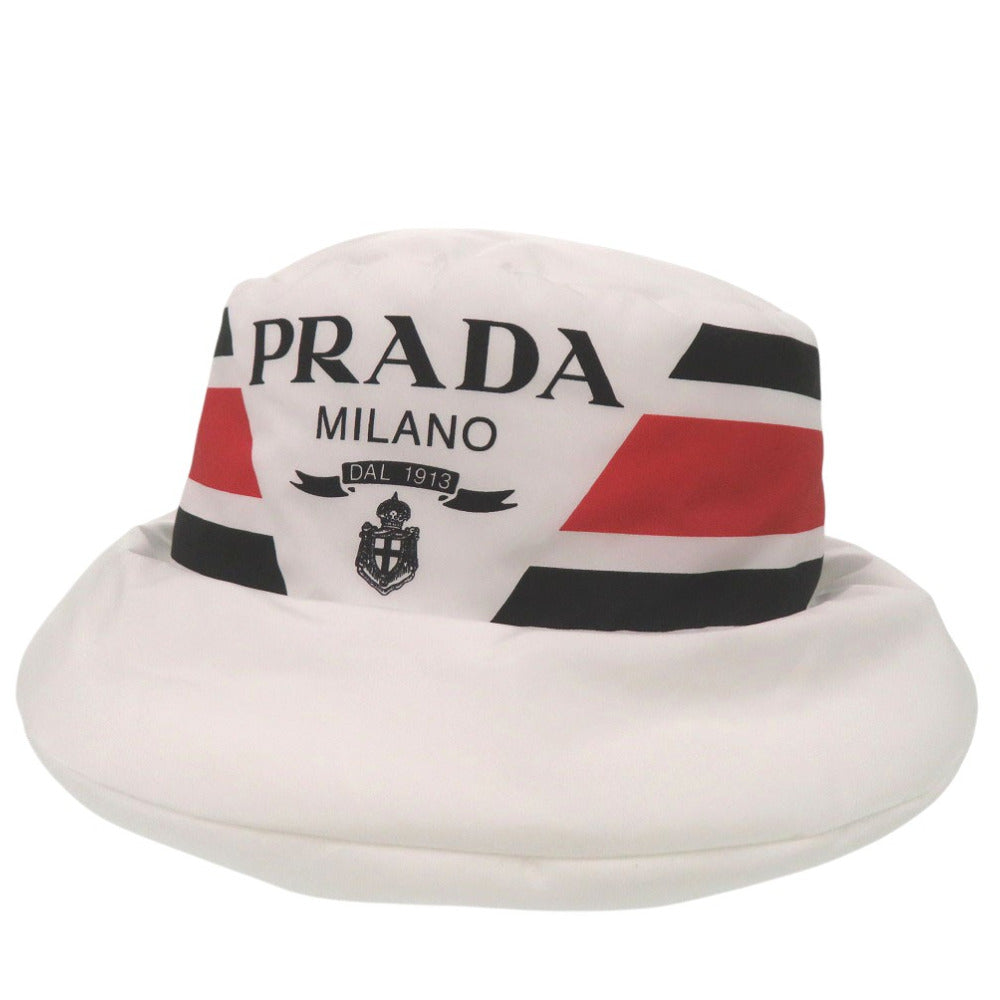新品 プラダ Re Nylon ロゴプリント ボリューム バケットハット 帽子 ポリエステル ポリアミド ホワイト 0674【中古】PRADA