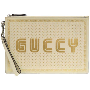 美品 グッチ ×SEGA GUCCYプリント セカンドバッグ 510489 レザー アイボリー 白 クラッチバッグ 0913【中古】GUCCI