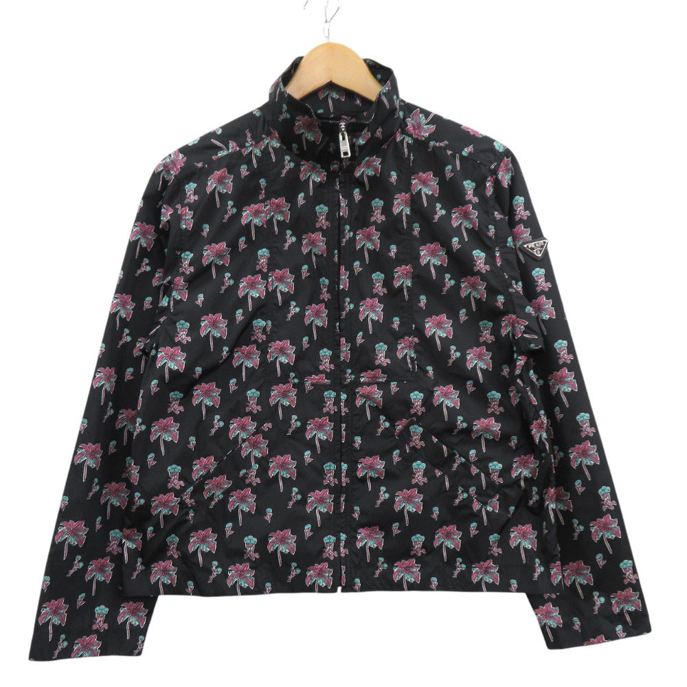 美品 プラダ パーム 花柄 ジップアップブルゾン ナイロン ブラック マルチカラー 1057【中古】PRADA