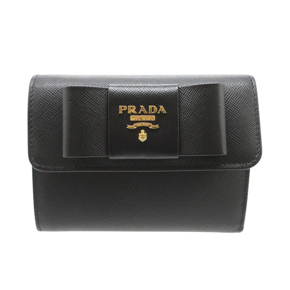 新品同様 プラダ リボン 三つ折り財布 レザー/サフィアーノレザー ブラック 黒 1073【中古】PRADA
