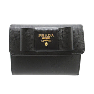 新品同様 プラダ リボン 三つ折り財布 レザー/サフィアーノレザー ブラック 黒 1073【中古】PRADA