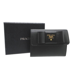 新品同様 プラダ リボン 三つ折り財布 レザー/サフィアーノレザー ブラック 黒 1073【中古】PRADA