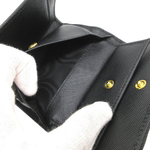 新品同様 プラダ リボン 三つ折り財布 レザー/サフィアーノレザー ブラック 黒 1073【中古】PRADA