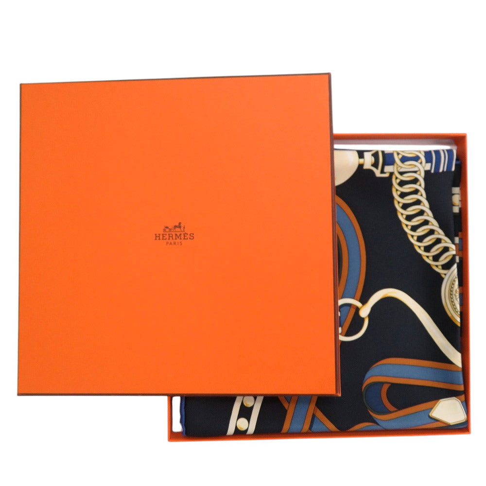 新品同様 エルメス カレ90 グラン トゥラララ シルク ネイビー ブラウン スカーフ 1089【中古】HERMES