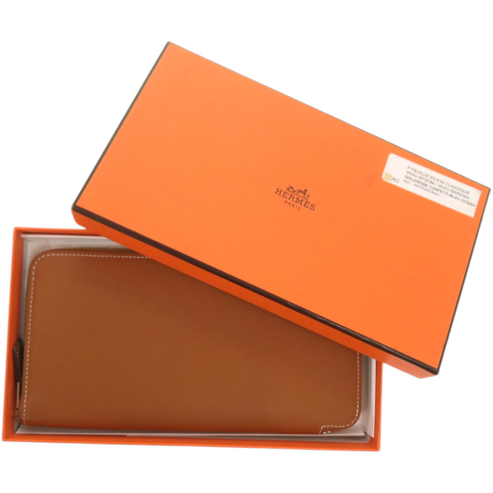 美品 エルメス アザップロングシルクイン ヴォーエプソン シルク ゴールド D刻印 茶 長財布 1098【中古】HERMES
