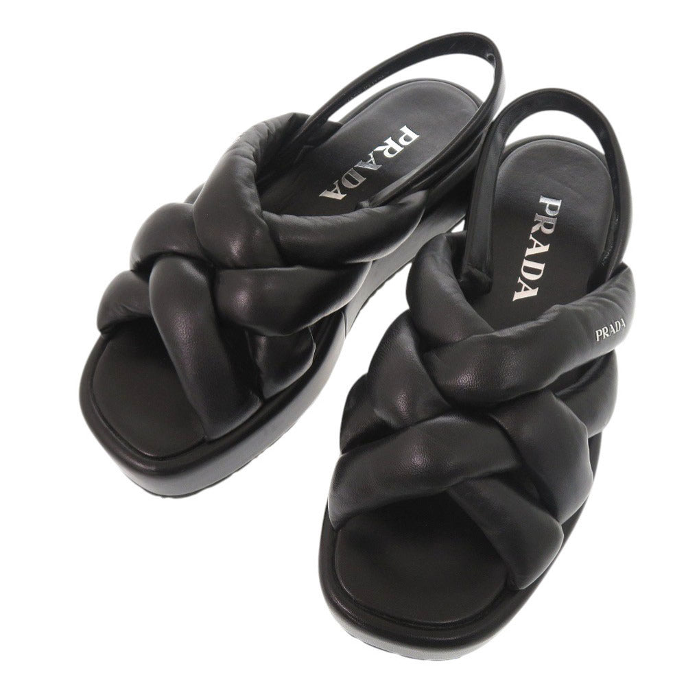 美品 プラダ ロゴ サイズ37 レザー ブラック サンダル 黒 1111【中古】PRADA