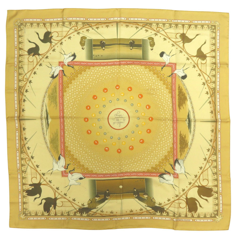 美品 エルメス カレ90 一期一会 CHAQUE RENCONTRE EST UNIQUE スカーフ シルク イエロー オレンジ グリーン 1115【中古】HERMES