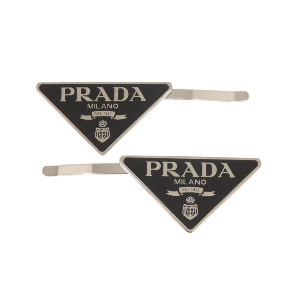 新品同様 プラダ トライアングルロゴ メタル ブラック シルバー ヘアピン ヘアアクセサリー 1188【中古】PRADA