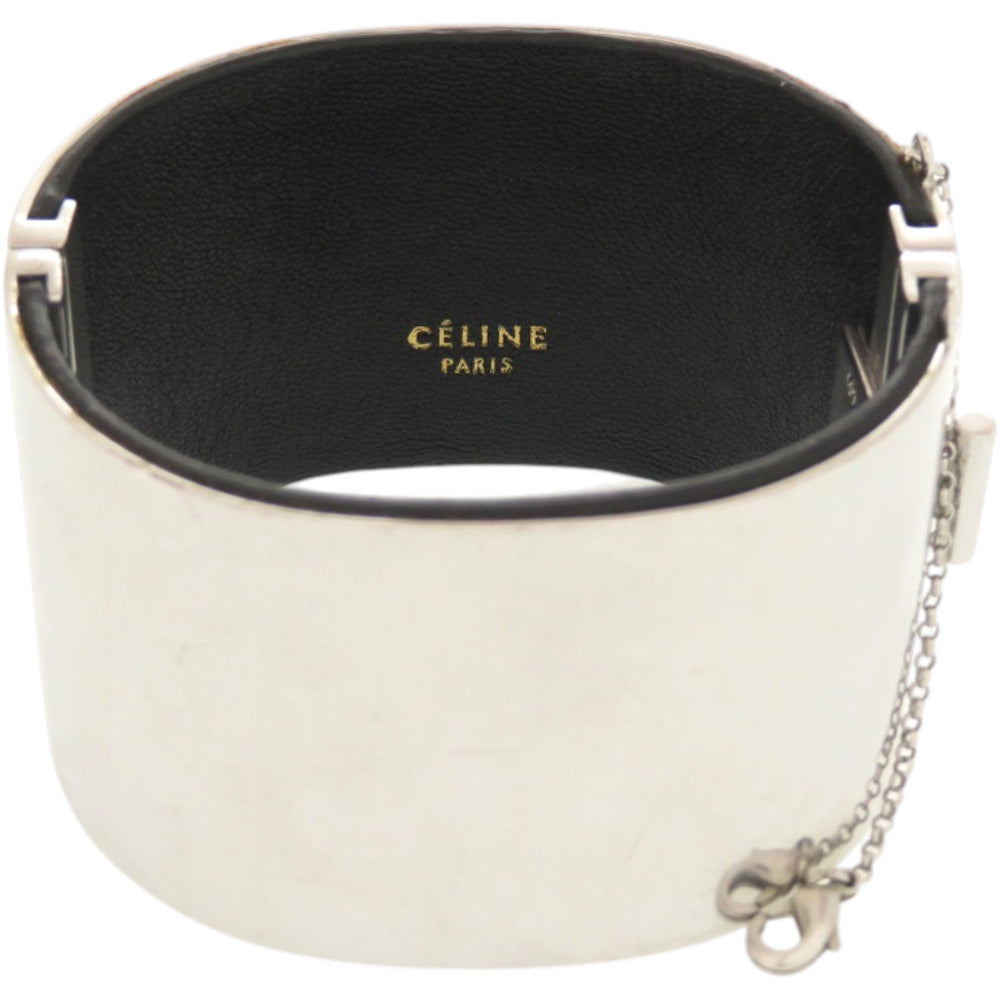 美品 セリーヌ マンシェット メタル レザー シルバー バングル 1232【中古】CELINE