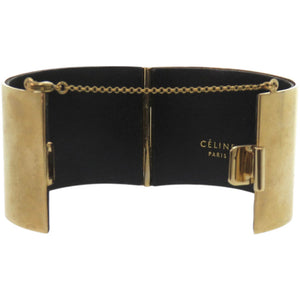 美品 セリーヌ マンシェット メタル レザー ゴールド バングル 1233【中古】CELINE