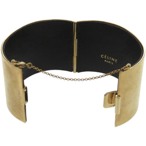 美品 セリーヌ マンシェット メタル レザー ゴールド バングル 1233【中古】CELINE