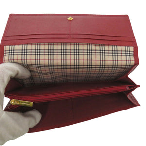 美品 バーバリー ノバチェック ゴールド金具 レザー ボルドー レッド 長財布 1344【中古】BURBERRY