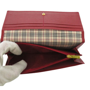 美品 バーバリー ノバチェック ゴールド金具 レザー ボルドー レッド 長財布 1344【中古】BURBERRY
