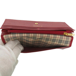 美品 バーバリー ノバチェック ゴールド金具 レザー ボルドー レッド 長財布 1344【中古】BURBERRY